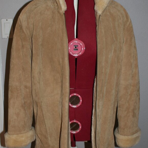 St. Johns Bay Tan Suede Leather Coat - Faux Fur/Sherling Lining w/Hood Petite S - Picture 11 of 13